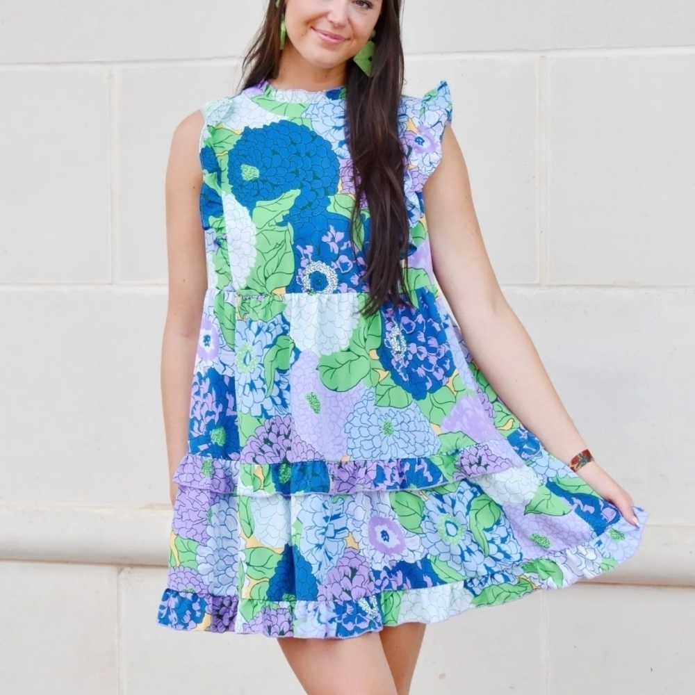 JODIFL Floral Tiered Swing Dress - Blue, Green, Lavender